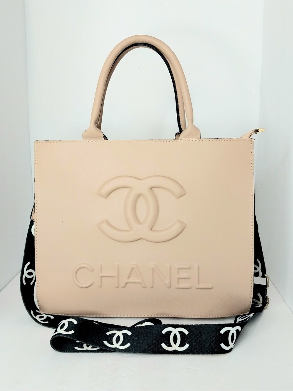 Embossed Logo Top-Handle Tote with Logo Strap